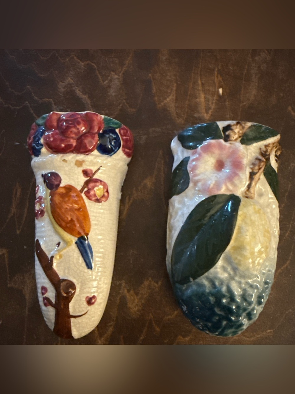 Hand-Painted Ceramic Wall Pockets Floral & Bird Motifs Multicolor Japan vintage